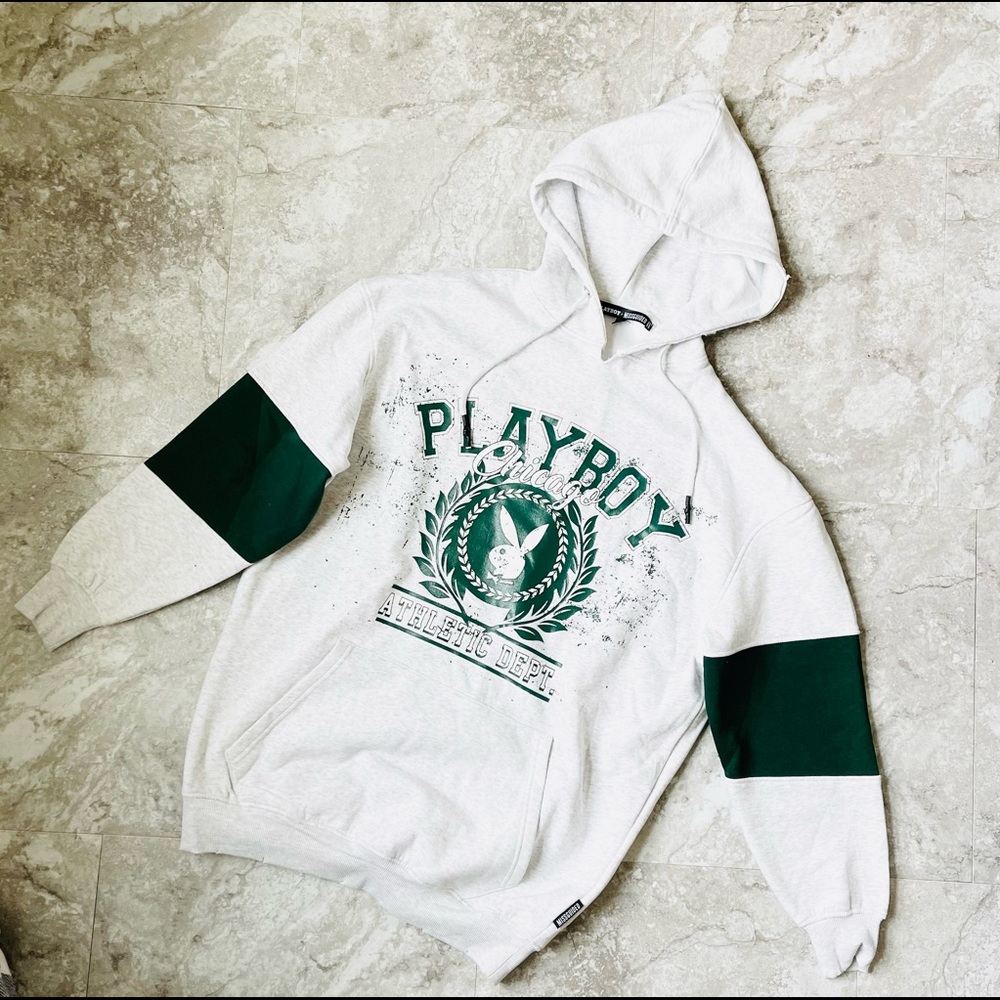 White Hoodie Green Logos Playboy